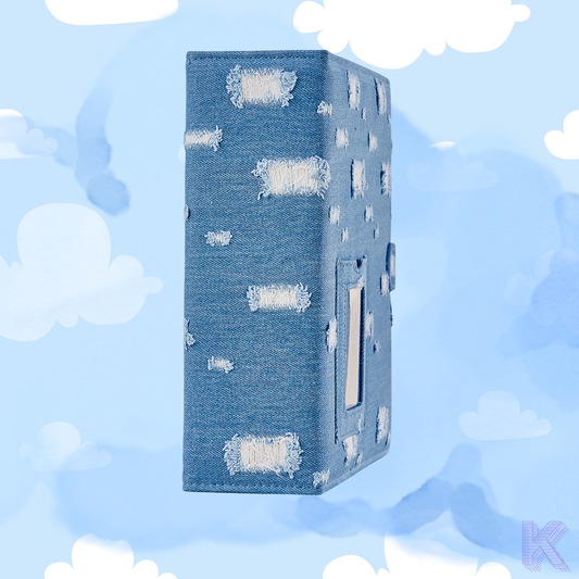 Side view of Kpop Collect A5 photocard binder in distressed denim – stylish and durable for Kpop card storage.