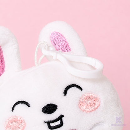 A close-up detail of the attachment clip on the top of the fluffy Stray Kids Lee Know Leebit plush keychain, showing the hardware and the bunny's face.